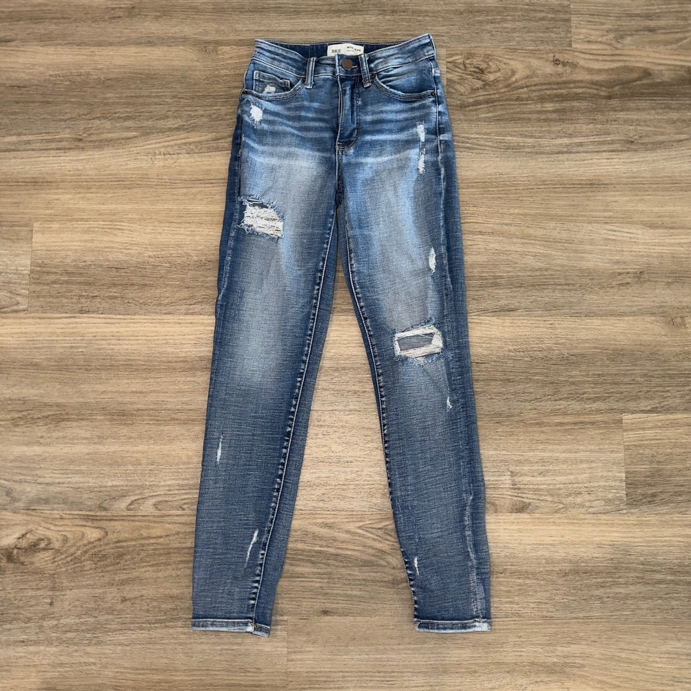 BKE Mom Jeans Womens 22 High Rise‎ Distressed Skinny Medium Wash Denim